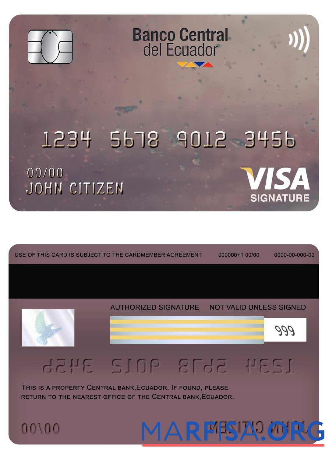 Downloadable Ecuador Central bank visa signature card sample